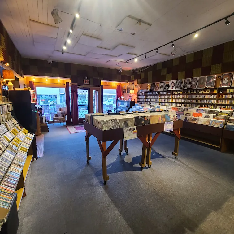 a large sleection of vinyls and cds on display for sale and sound heritage nanaimo